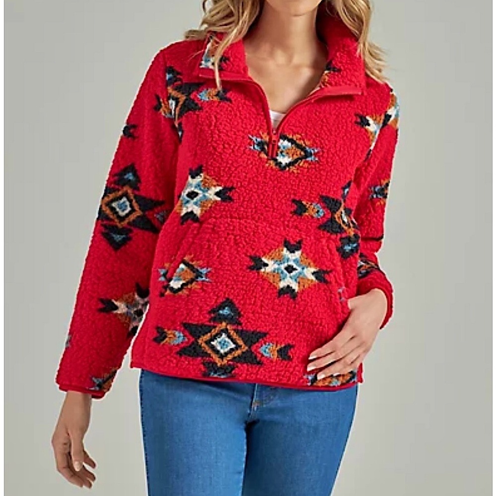 Wrangler Retro Print Quarter Zip Sherpa Pullover - Tango Red